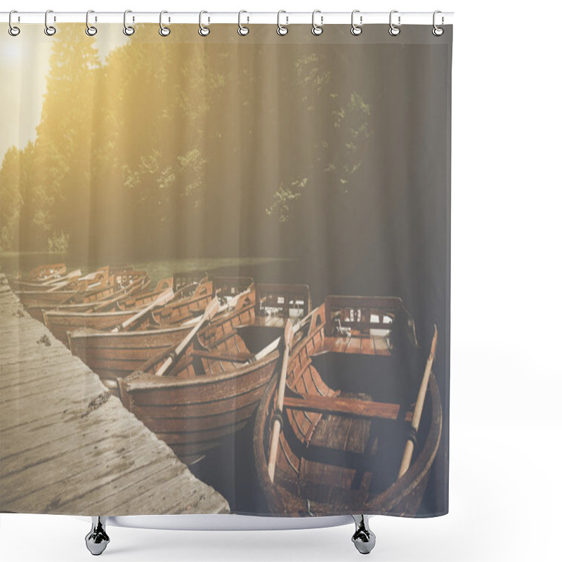 Personality  Wooden Boats Docked In Lake Shower Curtains