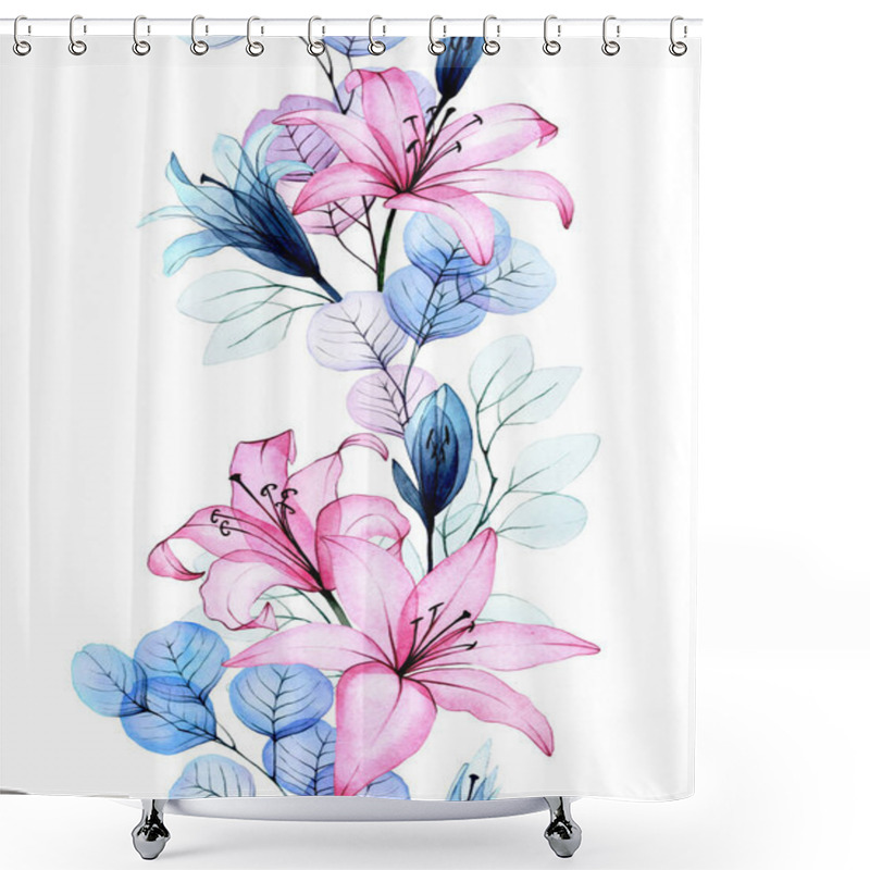 Personality  Watercolor Drawing, Seamless Border With Transparent Flowers. Pink Lily Flowers And Eucalyptus Leaves. Delicate Drawing, X-ray Shower Curtains