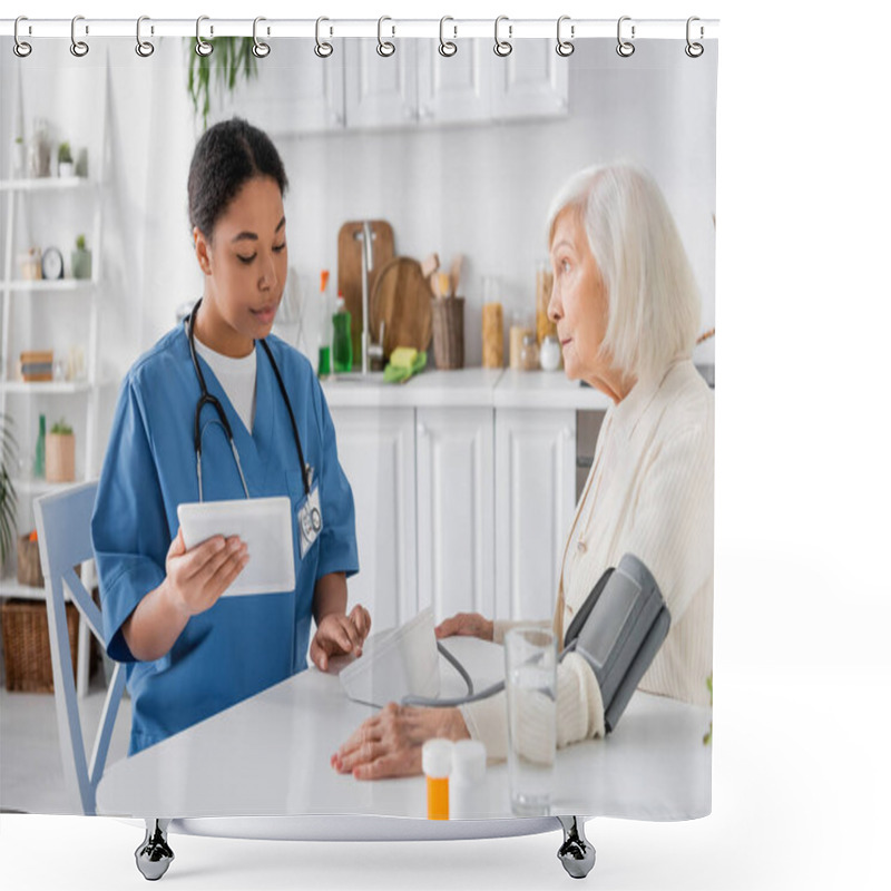 Personality  Multiracial Nurse Using Digital Tablet And Measuring Blood Pressure Of Senior Woman With Grey Hair  Shower Curtains