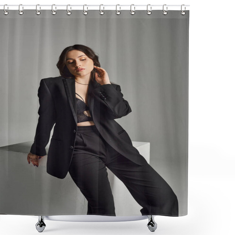 Personality  A Stunning Plus Size Woman In A Black Suit Strikes A Confident Pose Against A Neutral Gray Backdrop. Shower Curtains