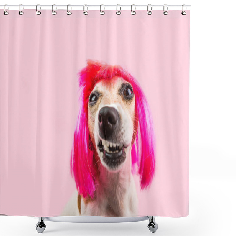 Personality  Angry Disgust, Denial, Disagreement Dog Face In Pink Wig Shower Curtains