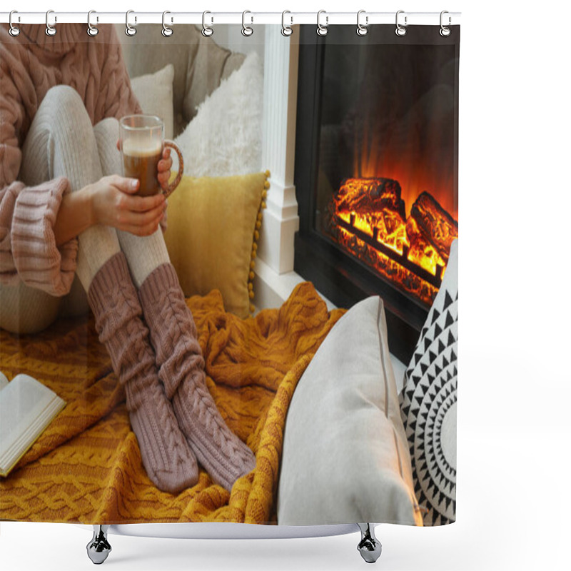 Personality  Woman With Cup Of Coffee Sitting Near Burning Fireplace, Closeup Shower Curtains