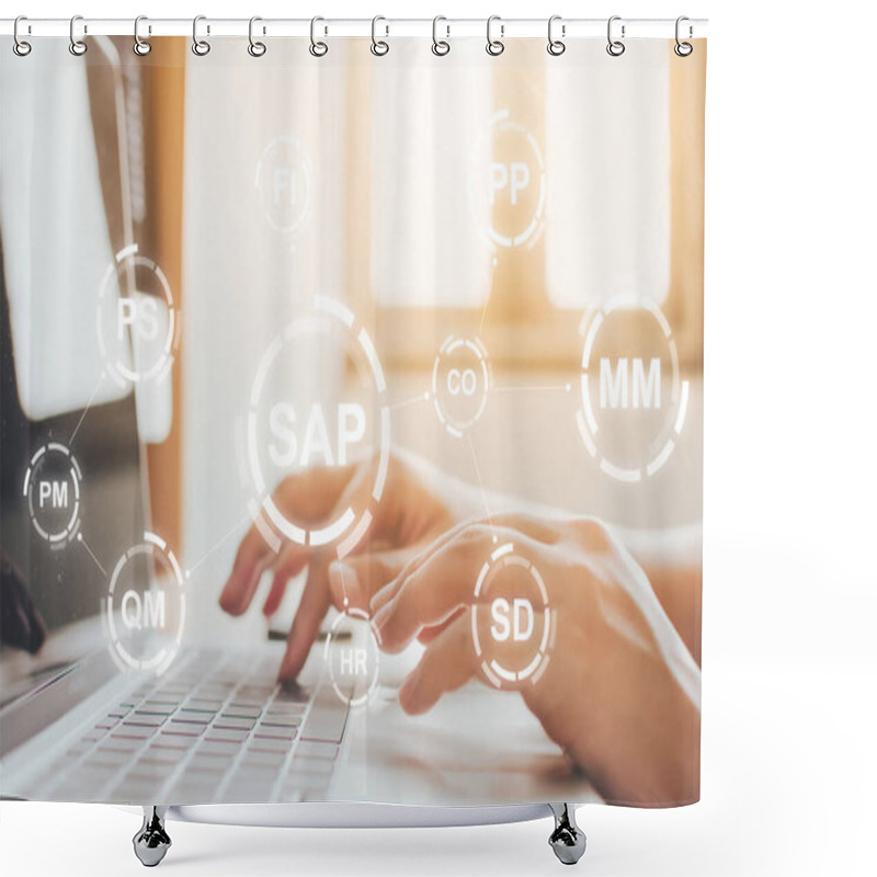 Personality  Close-up Image Of Male Hands Working On Laptop. Business Management Software (SAP). ERP Enterprise Resources Planning System Concept Shower Curtains