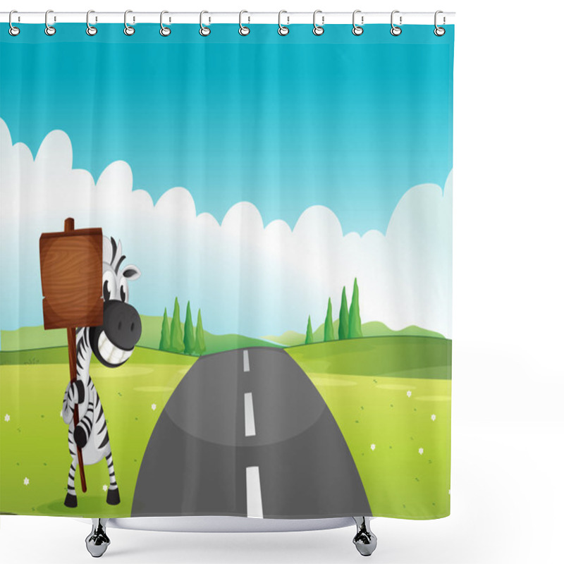 Personality  A Zebra Holding An Empty Wooden Signboard Along The Road Shower Curtains