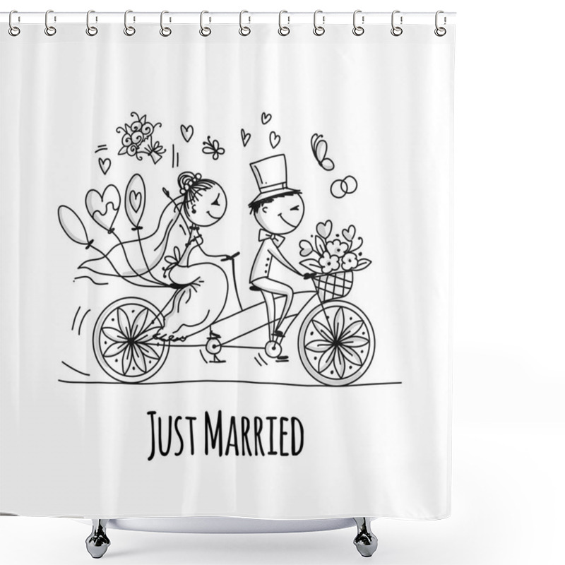 Personality  Wedding Card Design. Bride And Groom Riding On Bicycle Shower Curtains