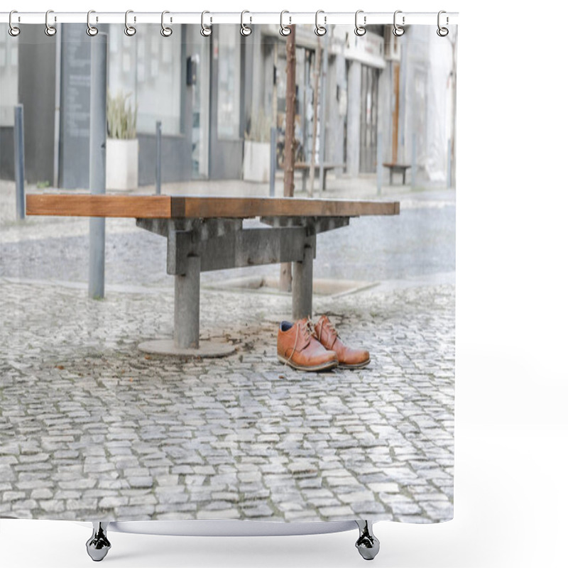 Personality  Brown Leather Shoes On A Cobblestone Pavement Next To A Bench In An Urban Setting. Shower Curtains