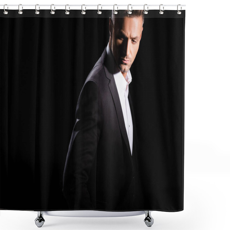 Personality  Serious Businessman Looking Down Isolated On Black  Shower Curtains