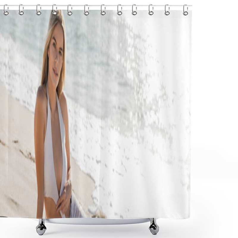 Personality  A Young Blonde Woman Exudes Serenity In A White Bikini On Sunny Miami Beach, Embodying Relaxation And Natural Beauty. Shower Curtains