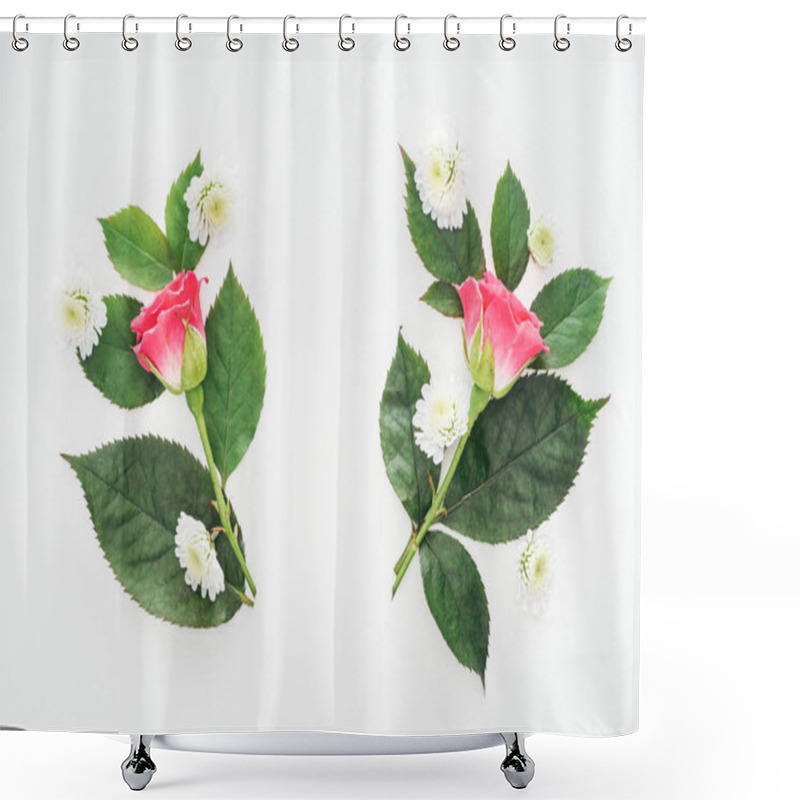 Personality  Top View Of Symmetric Boutonnieres Isolated On White Shower Curtains