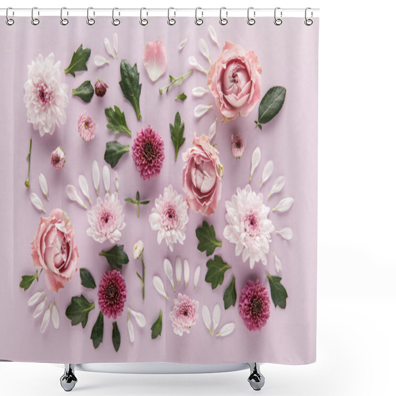 Personality  Top View Of Blooming Spring Chrysanthemums And Roses With Leaves And Petals On Violet Background Shower Curtains