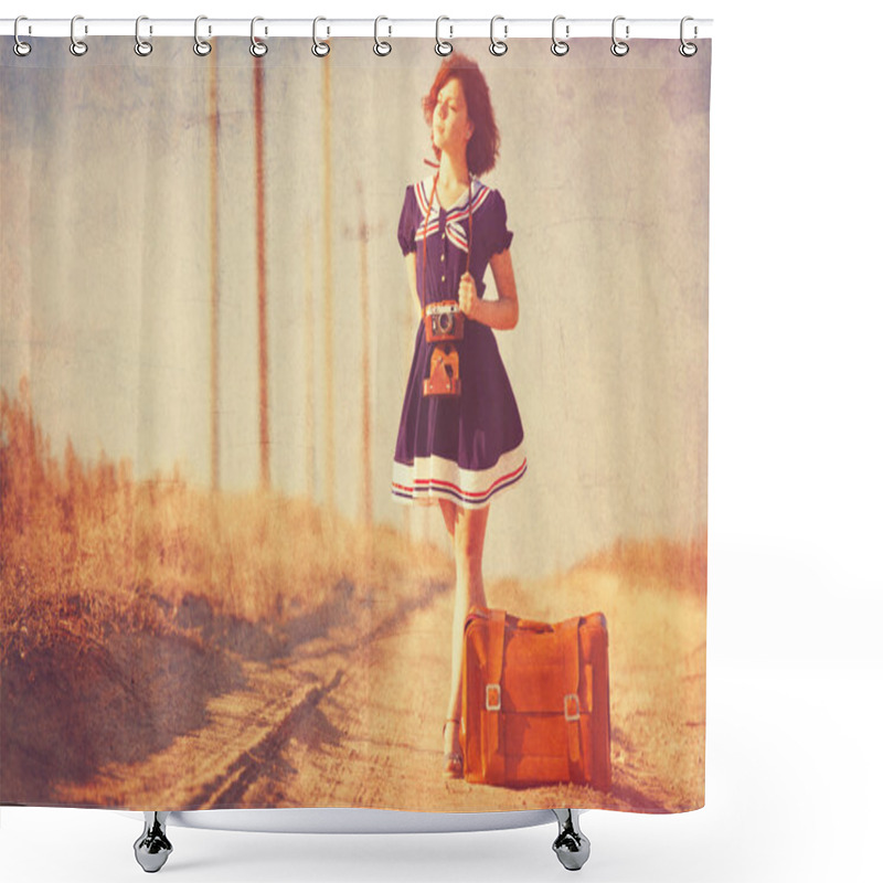 Personality  Beautiful Brunette Girl With Suitcase On The Countryside Road. Shower Curtains