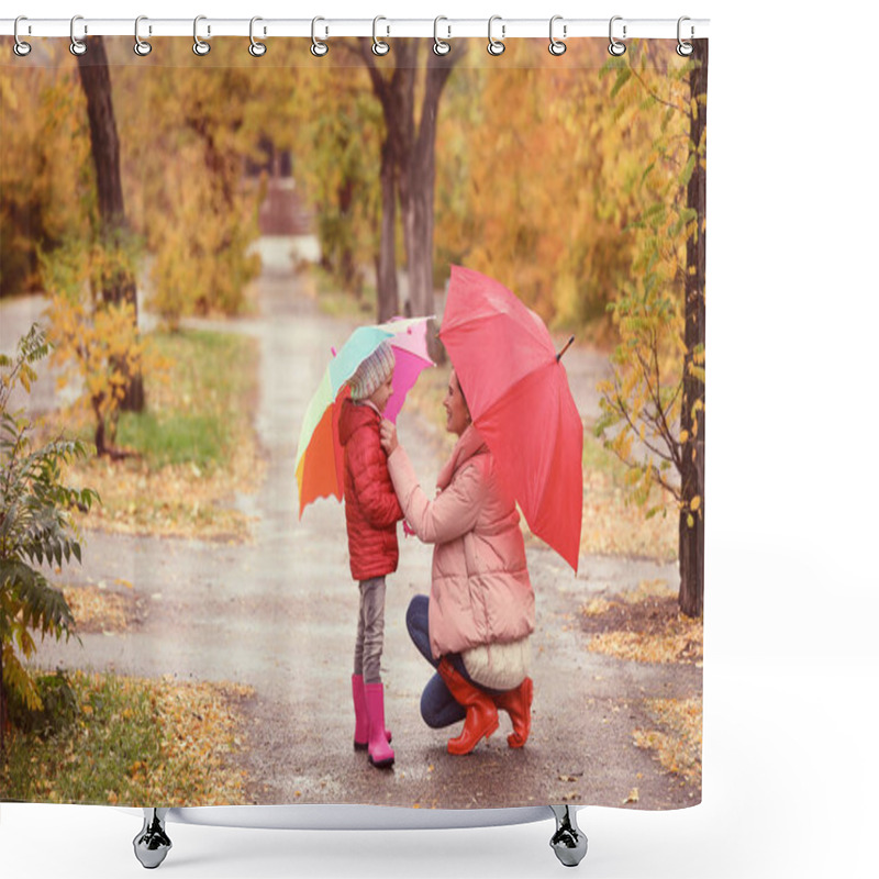 Personality  Mother And Daughter With Umbrellas Taking Walk In Autumn Park On Rainy Day Shower Curtains