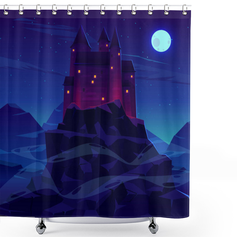 Personality  Mysterious Medieval Castle With Stone Towers Spires Illuminated Torches Fire And Glowing In Night Windows Cartoon Vector. Ancient Fortress, Dracula Vampire Shelter In Rocky Mountains Lit By Moonlight Shower Curtains