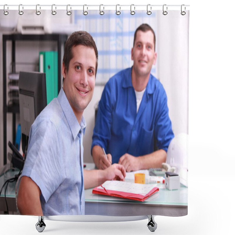 Personality  Two Male Colleagues Sat In An Office Smiling And Watching The Camera Shower Curtains