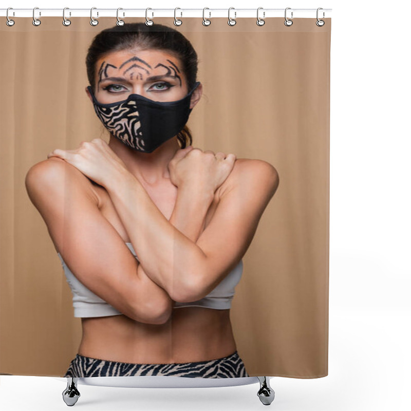 Personality  Woman With Tiger Makeup And Protective Mask Posing Isolated On Beige Shower Curtains