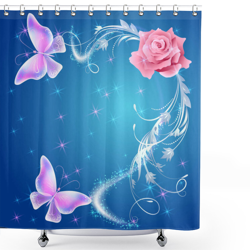 Personality  Transparent Flying Butterflies With Silver Ornament, Rose And Glowing Firework Shower Curtains