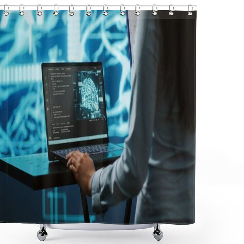 Personality  AI Computer Scientist Using Laptop For Business Data Analysis In High Tech Workspace. Close Up Shot Of Indian Woman Working On Notebook To Automatize Tasks Using Artificial Intelligence, Camera A Shower Curtains