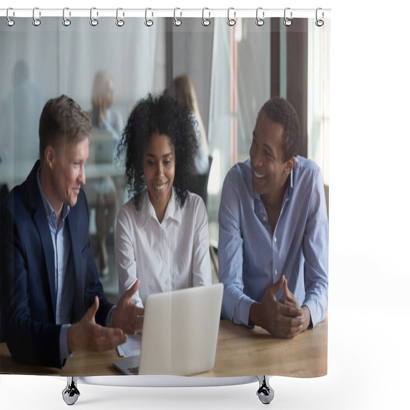 Personality  Three Workmates Sitting At Desk Working Together Using Laptop Shower Curtains