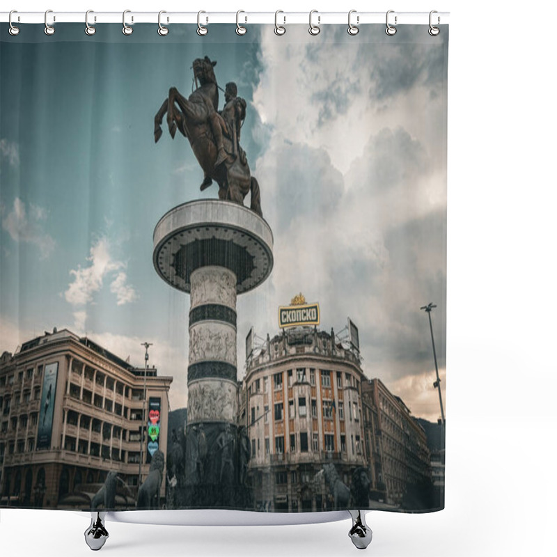 Personality  Monument Warrior On A Horse Alexander The Great Statue In The Center Of Skopje North Macedonia Shower Curtains