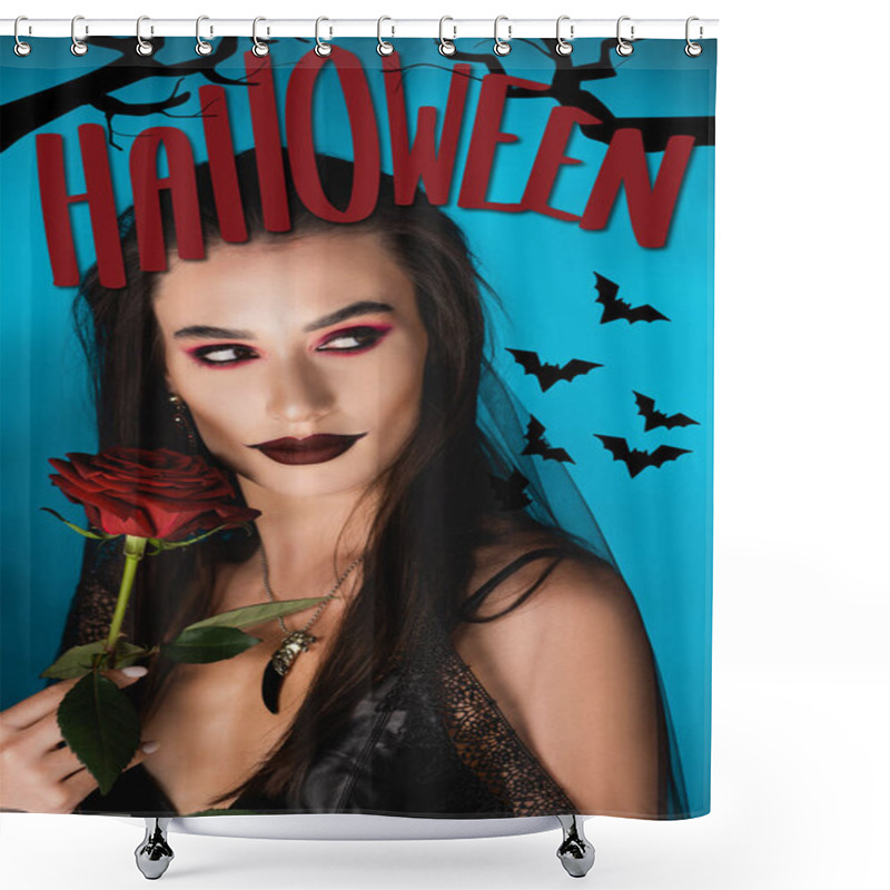 Personality  Mysterious Young Woman With Black Makeup In Veil Looking Away Near Rose And Halloween Lettering On Blue Shower Curtains