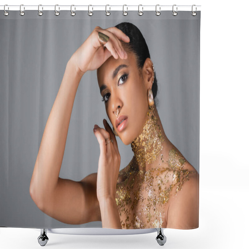 Personality  Fashionable African American Woman With Foil On Neck And Chest Posing Isolated On Grey  Shower Curtains