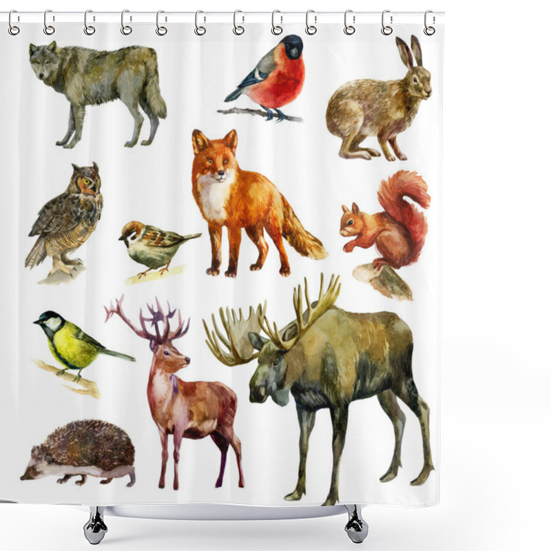 Personality  Watercolor Illustration, Set. Forest Animals And Birds. Squirrel, Wolf, Fox, Hare, Hedgehog Deer Elk Bullfinch Sparrow Tit Owl Shower Curtains