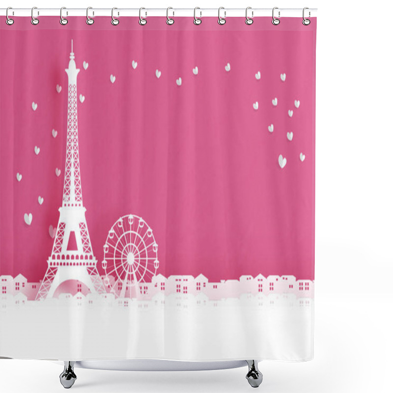 Personality  Valentine's Card With Paper Cut Style Eiffel Tower, Symbol Of Paris, France With Hearts On The Wall. Vector Illustration.  Shower Curtains