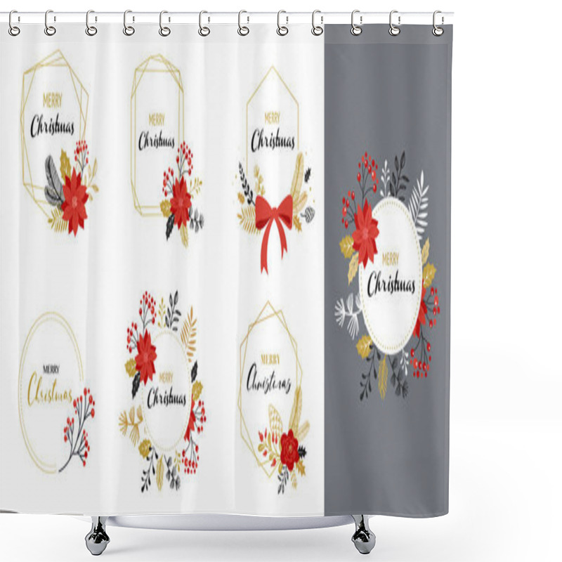 Personality  Merry Christmas Logos, Hand Drawn Elegant, Delicate Monograms Isolated On White Background. Hand Drawn Vector Collection Shower Curtains