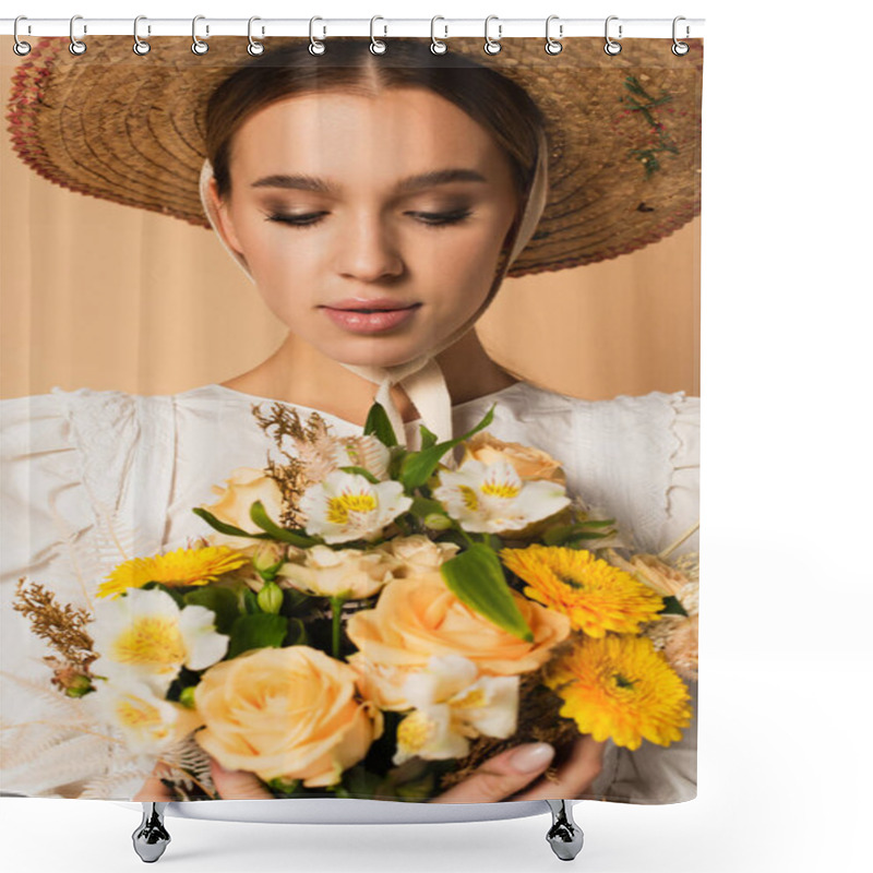 Personality  Young Woman In Dress Looking At Bouquet Of Flowers On Beige Shower Curtains