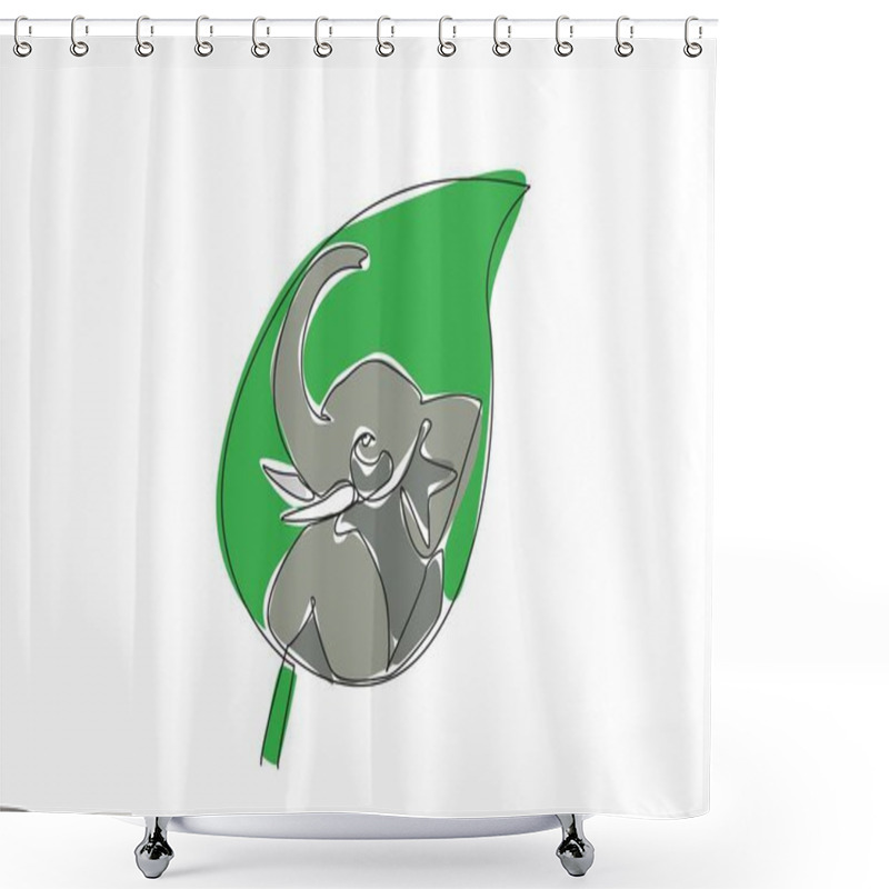 Personality  Continuous One Line Drawing Elephant Head In The Middle Of The Leaf. Stop Large-scale Ivory Poaching. Let It Breed. Natural Habitats. World Wildlife Day. Single Line Draw Design Vector Illustration. Shower Curtains