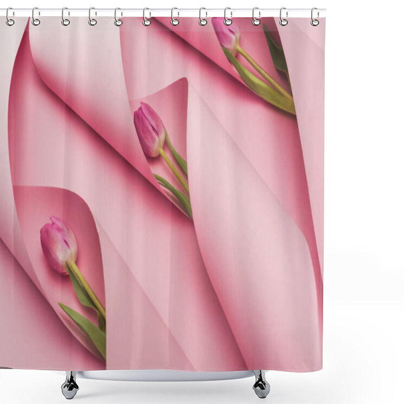 Personality  Purple Tulips In Paper Swirls On Pink Background Shower Curtains