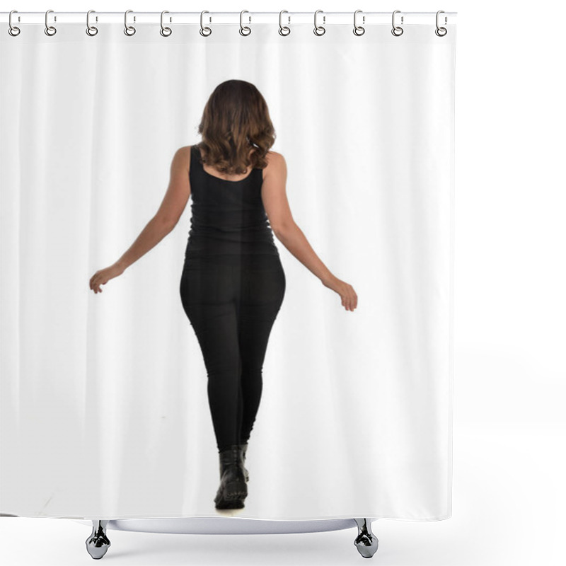 Personality  Full Length Portrait Of Brunette Girl Wearing Black Singlet, Jeans Jeans And Boots. Standing Pose, Facing Away From The Camera. Isolated On White Studio Background. Shower Curtains