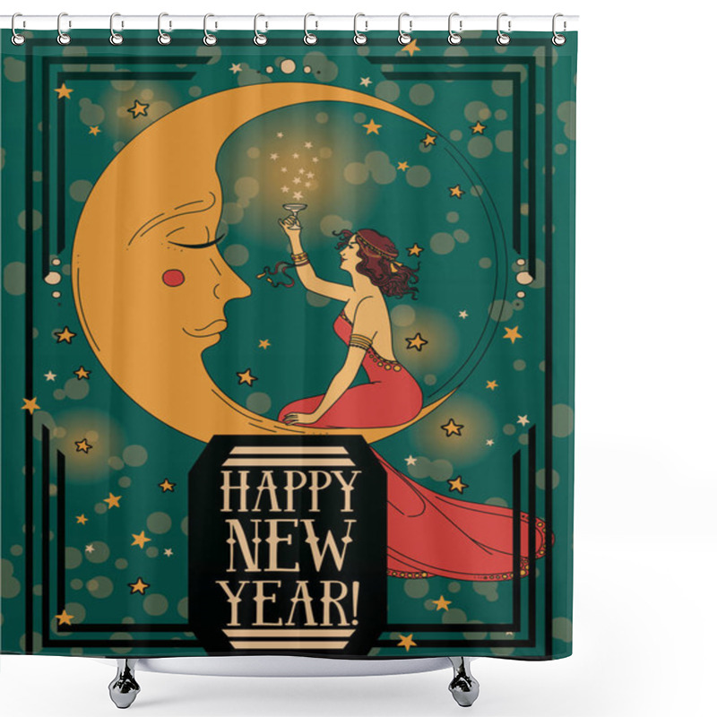 Personality  Card For Happy New Year In Art Deco Style Witn Crescent  And Retro Woman  Drinking Champagne, Vector Illustration Shower Curtains