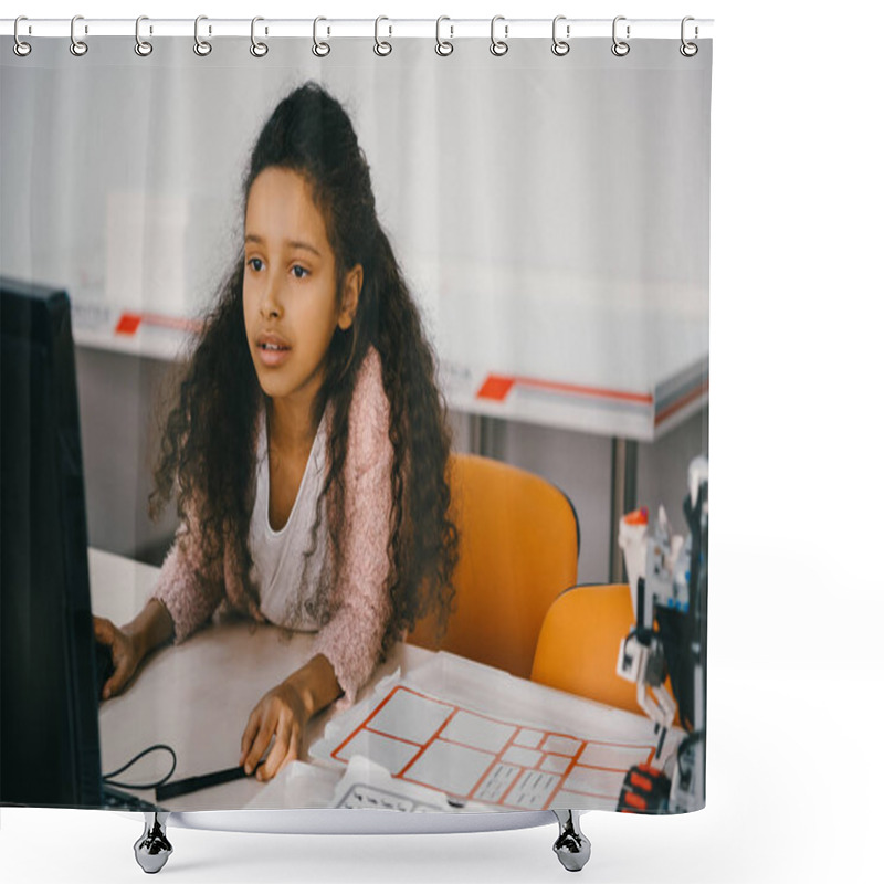 Personality  Concentrated African American Schoolgirl Working With Computer At Machinery Class Shower Curtains