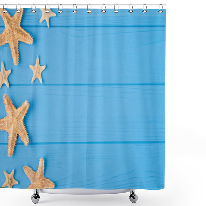 Personality  Top Above Overhead View Close-up Photo Of Starfish Placed To The Left Side Isolated On Blue Wooden Background With Copyspace Shower Curtains