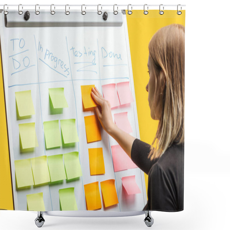 Personality  Smart Businesswoman Standing Near White Flipchart, Attaching Sticky Notes With Copy Space Shower Curtains