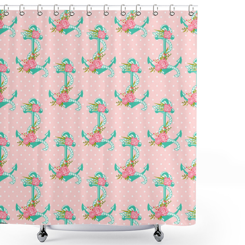 Personality  Seamless Pattern With Anchors And Flowers. Shower Curtains