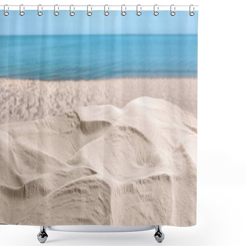 Personality  Beautiful Beach With White Sand Near Ocean, Closeup View. Banner Design Shower Curtains