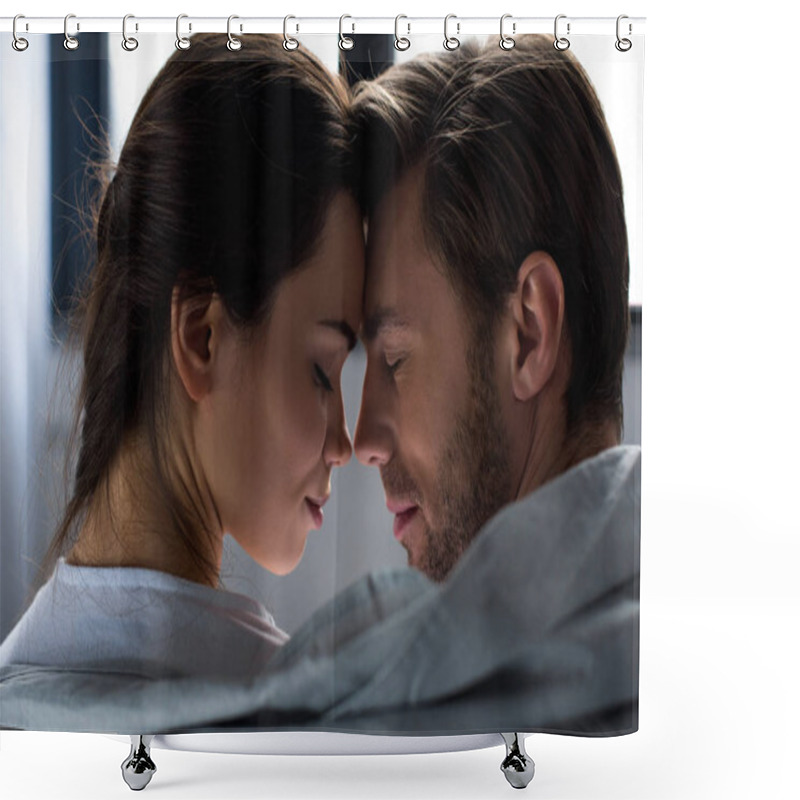 Personality  Romantic Man And Woman Tenderly Embracing In Bedroom Shower Curtains