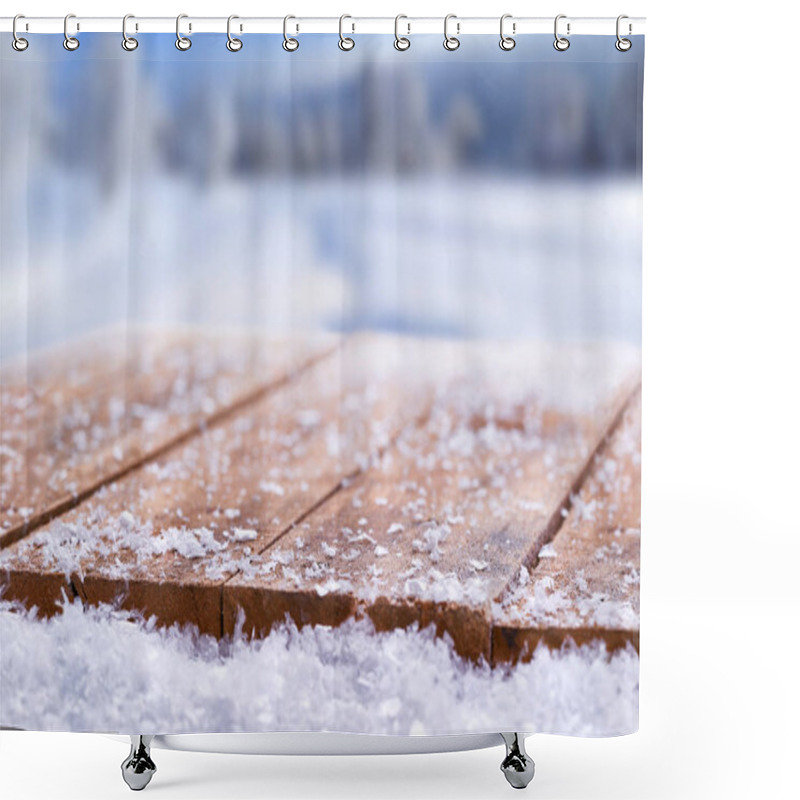 Personality  Wooden Table Top Covered In Snow With A Christmass, Winter And S Shower Curtains