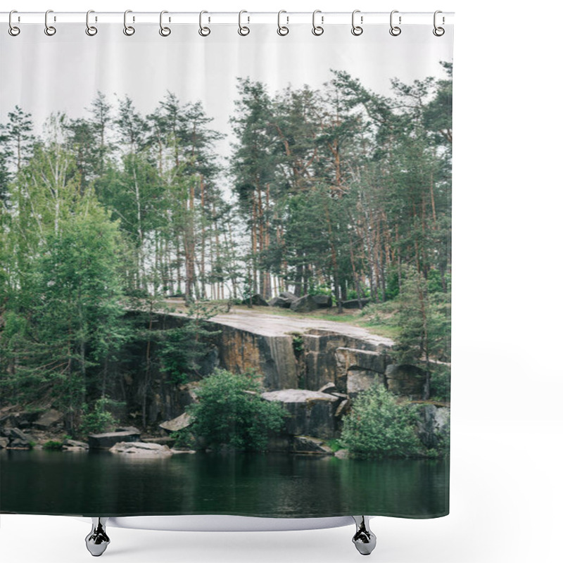 Personality  Beautiful Pine Forest On Rocky Cliff Over Calm Lake Shower Curtains