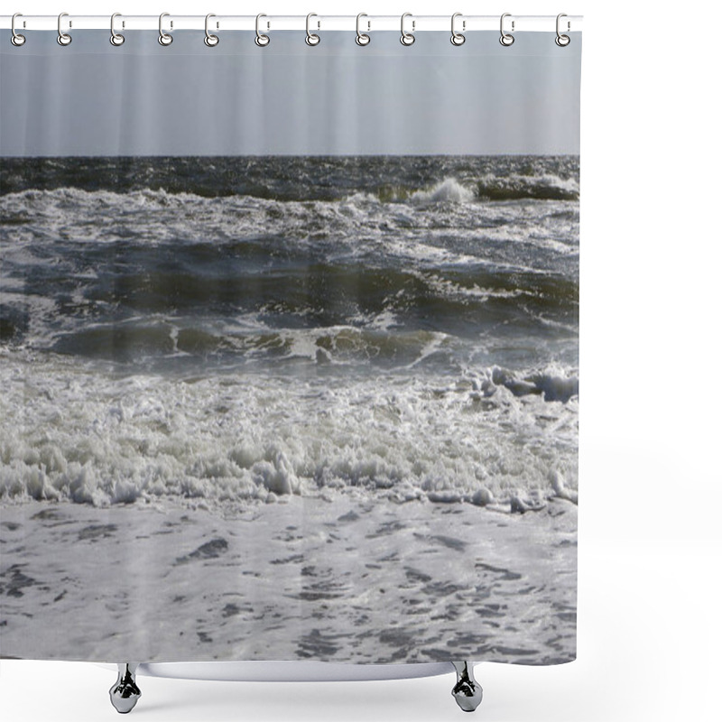 Personality  Dynamic Ocean Waves Crashing On The Sandy Shoreline Under A Bright Blue Sky, Capturing The Beauty Of The Sea's Energy And Movement. Shower Curtains