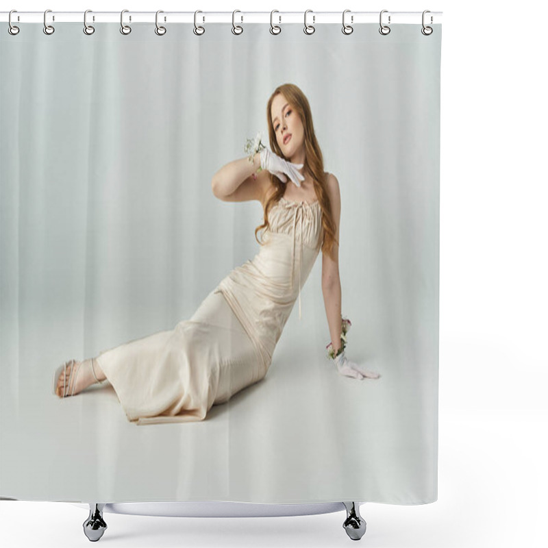 Personality  A Young Woman Reclines Gracefully, Showcasing Floral Accents And A Sophisticated Gown. Shower Curtains