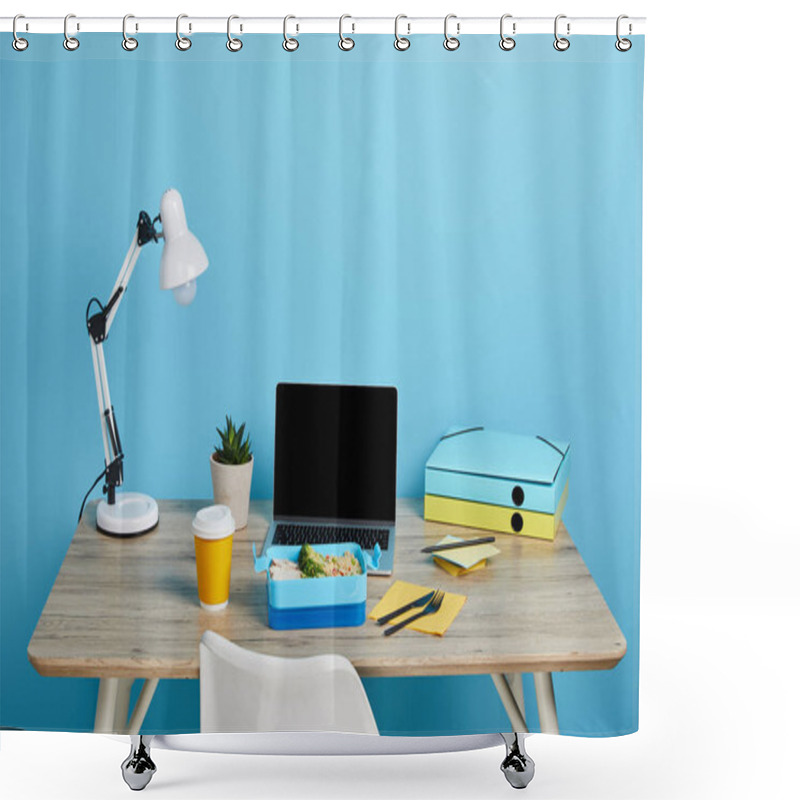 Personality  Workplace With Laptop And Lunch Box On Wooden Table On Blue Background, Illustrative Editorial Shower Curtains