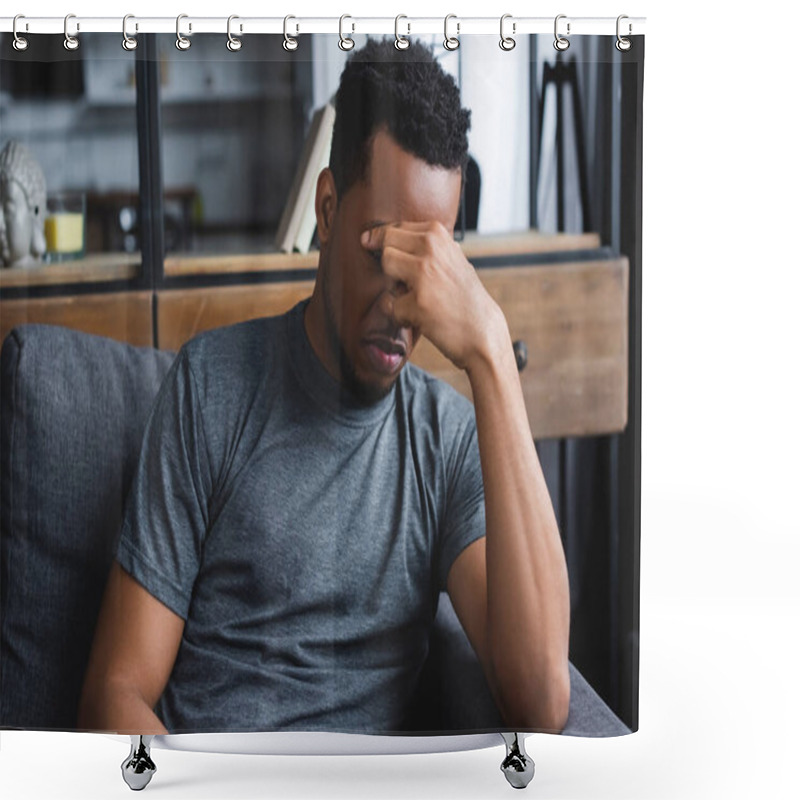 Personality  Frustrated African American Man Sitting On Sofa At Home Shower Curtains