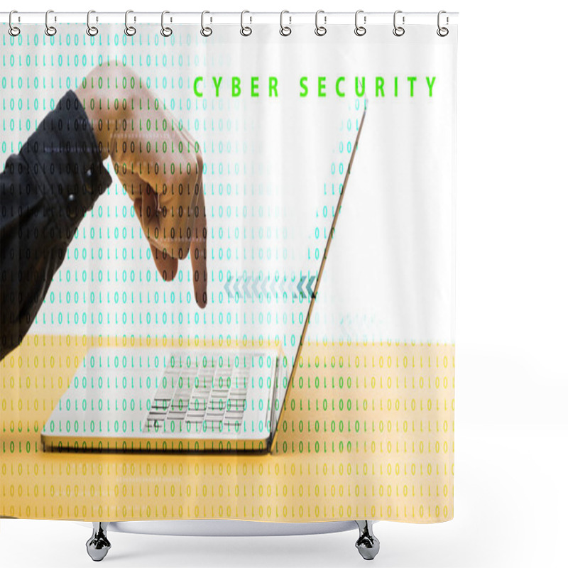 Personality  Cropped View Of Man Pointing With Finger At Laptop Near Cyber Security Lettering On White  Shower Curtains