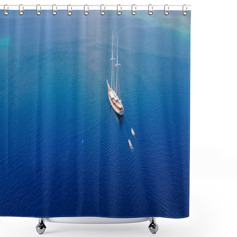 Personality  Beautiful Aerial View Of Beaches And Tourist Boat Sailing In Flores Island, Indonesia Shower Curtains