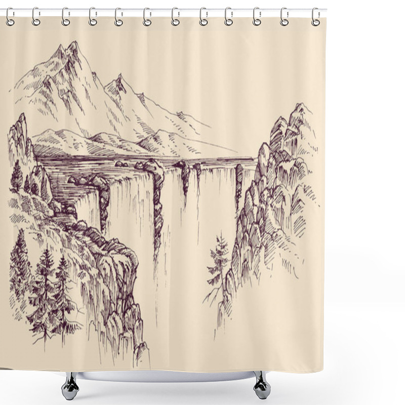 Personality  Large Waterfall On A River Vector Sketch Shower Curtains