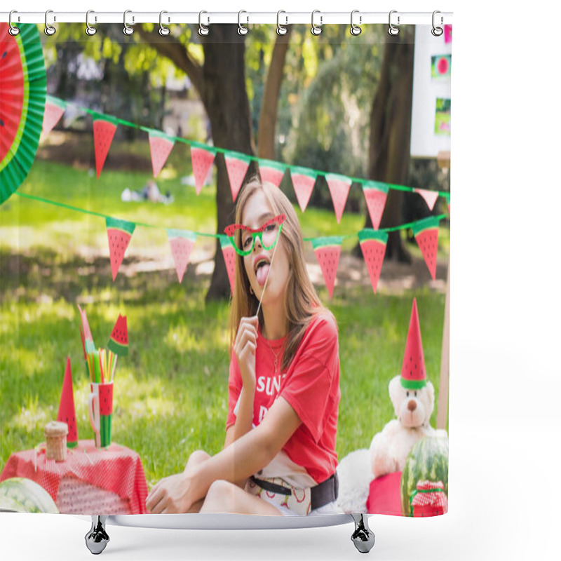 Personality  Nice Teen Girl Having Fun Watermelon Party In The Park. Excellent Sunny Weather. Summer Concept. Watermelon Party, Picnic, Day. Nice Teen Girl Having Fun Watermelon Party In Park Yellow Sunglasses Shower Curtains