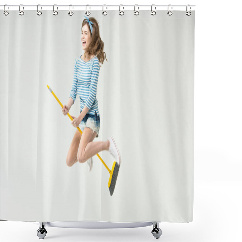 Personality  Young Woman With Broom Shower Curtains